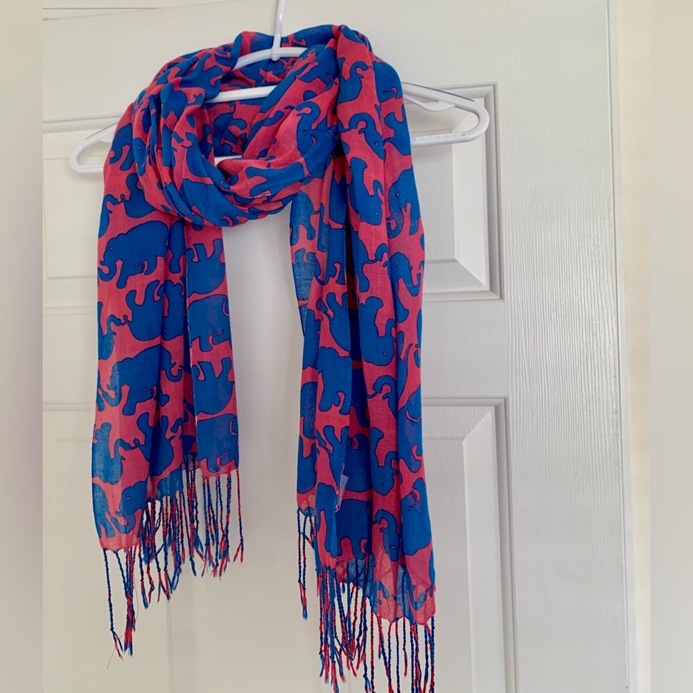 Lilly Pulitzer silk/cashmere pink/blue elephant scarf